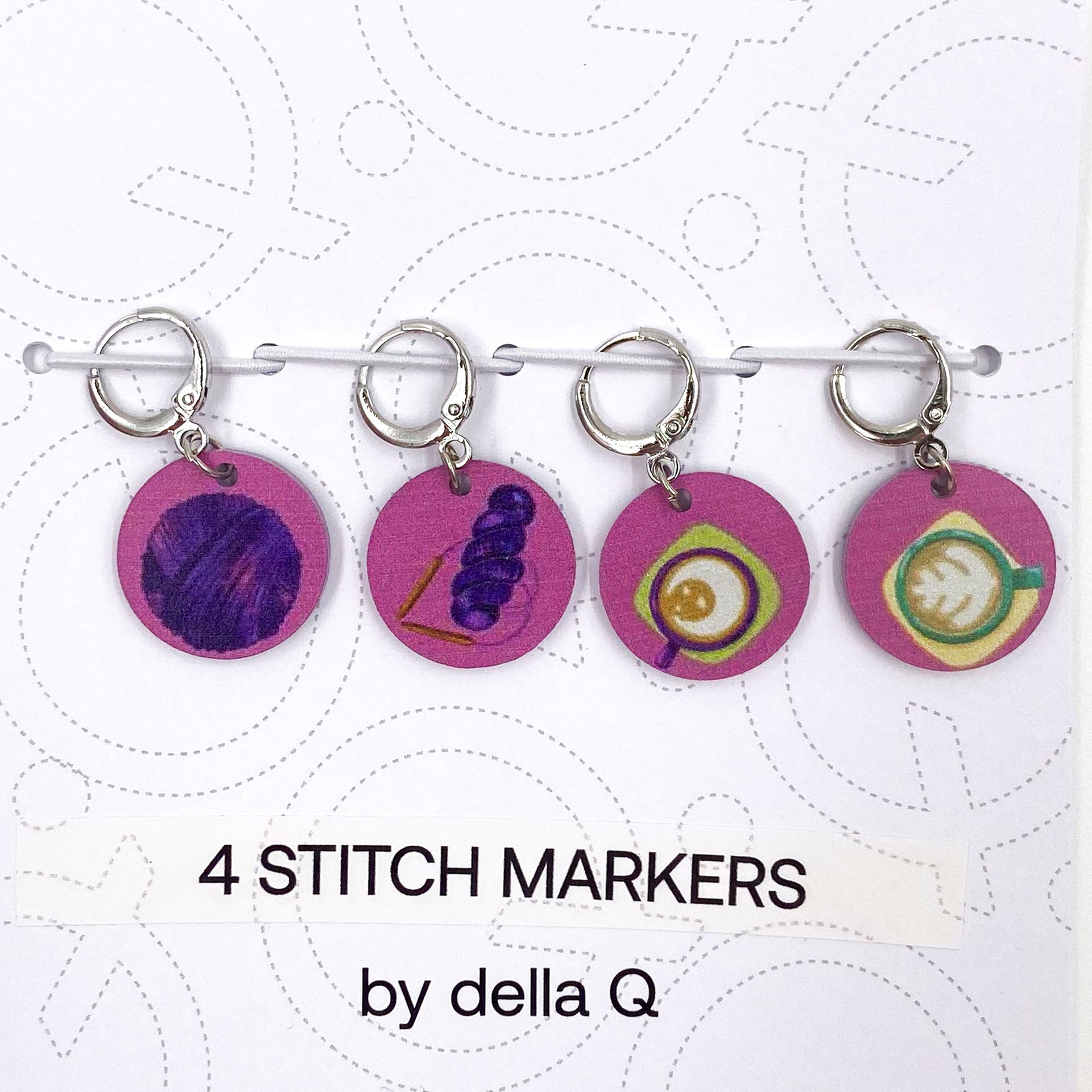 della Q Stitch Marker Sets - Fabric Print Collection - Coffee and Yarn Purple - Zoom Image
