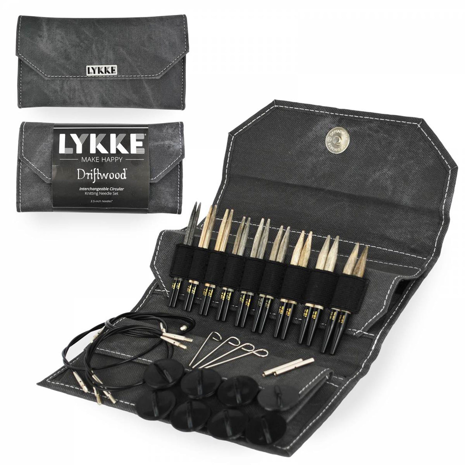 LYKKE Crafts Birchwood Interchangeable Needle Sets - Driftwood - Grey Case - 3.5" Tips US 3-10.5 - Zoom Image
