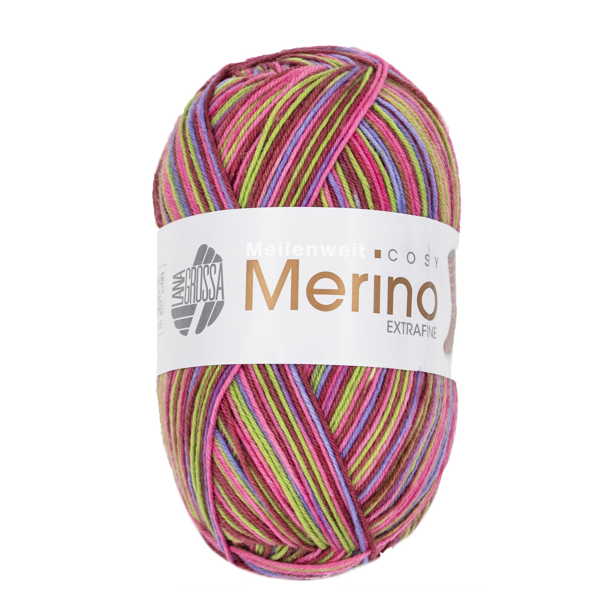 Lana Grossa Meilenweit 100 Merino Extrafine Cosy Yarn - 6166 Pink/Burgundy/Spring Green/Violet Blue

