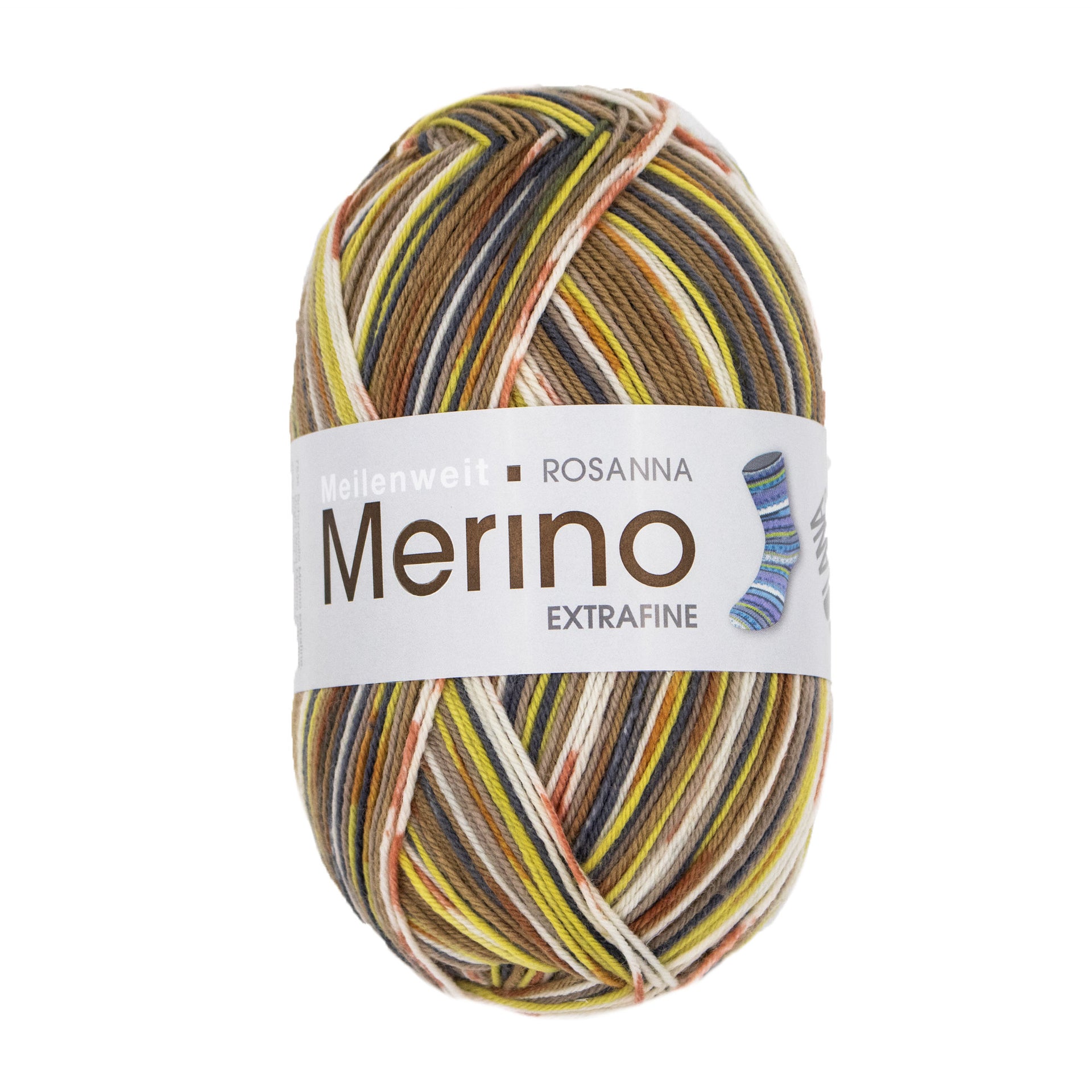 Lana Grossa Meilenweit 100 Merino Extrafine Rosanna Yarn - 3334 Rust/Khaki/Raw White/Dark Grey/Beige/Green Yellow
